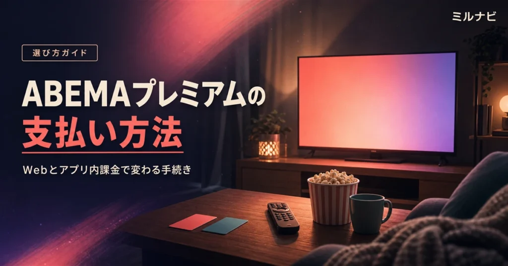 ABEMAプレミアムの支払い方法と変更手続きを解説する記事のイメージ画像。テレビとソファのあるくつろいだリビング