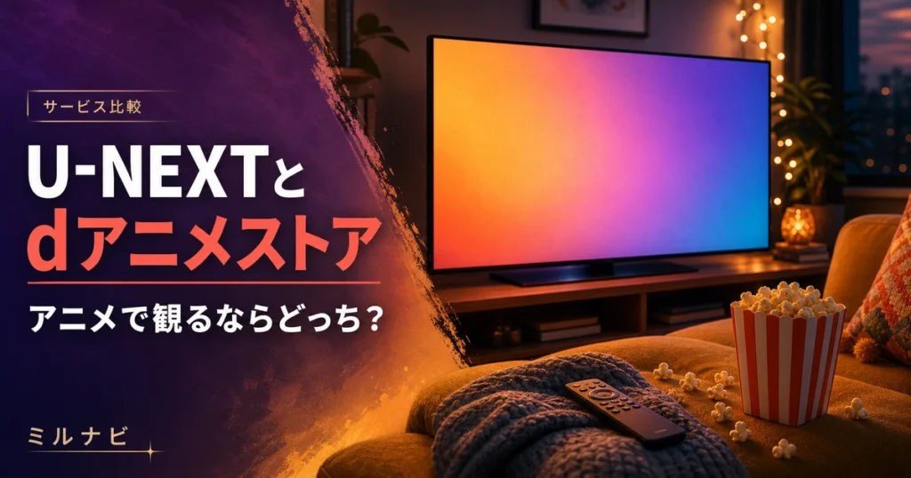 U-NEXTとdアニメストアのアニメ視聴比較を解説する記事のイメージ画像（リビングで動画を楽しむシーン）